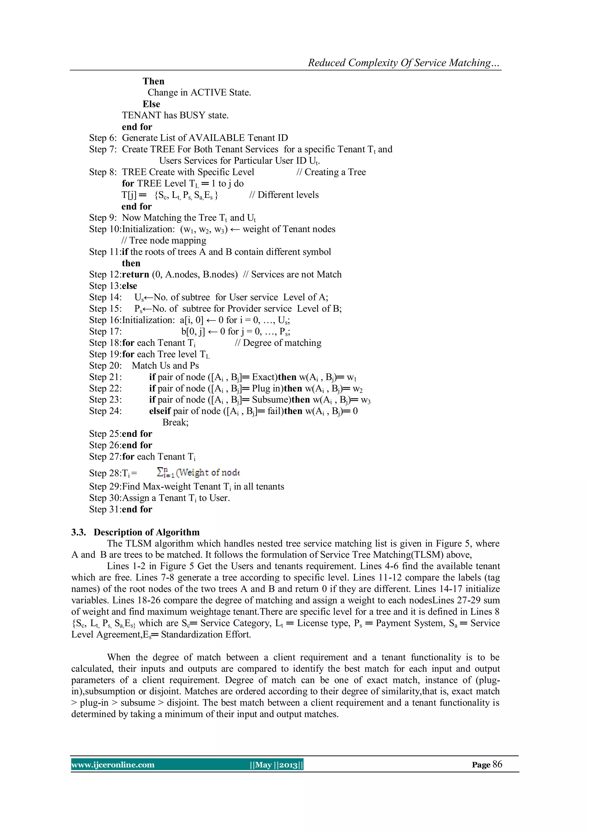 Reduced Complexity Of Service Matching…
www.ijceronline.com ||May ||2013|| Page 86
Then
Change in ACTIVE State.
Else
TENANT has BUSY state.
end for
Step 6: Generate List of AVAILABLE Tenant ID
Step 7: Create TREE For Both Tenant Services for a specific Tenant Tt and
Users Services for Particular User ID Ut.
Step 8: TREE Create with Specific Level // Creating a Tree
for TREE Level TL ═ 1 to j do
T[j] ═ {Sc, Lt, Ps, Sa,Es } // Different levels
end for
Step 9: Now Matching the Tree Tt and Ut
Step 10:Initialization: (w1, w2, w3) ← weight of Tenant nodes
// Tree node mapping
Step 11:if the roots of trees A and B contain different symbol
then
Step 12:return (0, A.nodes, B.nodes) // Services are not Match
Step 13:else
Step 14: Us←No. of subtree for User service Level of A;
Step 15: Ps←No. of subtree for Provider service Level of B;
Step 16:Initialization: a[i, 0] ← 0 for i = 0, …, Us;
Step 17: b[0, j] ← 0 for j = 0, …, Ps;
Step 18:for each Tenant Ti // Degree of matching
Step 19:for each Tree level TL
Step 20: Match Us and Ps
Step 21: if pair of node ([Ai , Bj]═ Exact)then w(Ai , Bj)═ w1
Step 22: if pair of node ([Ai , Bj]═ Plug in)then w(Ai , Bj)═ w2
Step 23: if pair of node ([Ai , Bj]═ Subsume)then w(Ai , Bj)═ w3
Step 24: elseif pair of node ([Ai , Bj]═ fail)then w(Ai , Bj)═ 0
Break;
Step 25:end for
Step 26:end for
Step 27:for each Tenant Ti
Step 28:Ti =
Step 29:Find Max-weight Tenant Ti in all tenants
Step 30:Assign a Tenant Ti to User.
Step 31:end for
3.3. Description of Algorithm
The TLSM algorithm which handles nested tree service matching list is given in Figure 5, where
A and B are trees to be matched. It follows the formulation of Service Tree Matching(TLSM) above,
Lines 1-2 in Figure 5 Get the Users and tenants requirement. Lines 4-6 find the available tenant
which are free. Lines 7-8 generate a tree according to specific level. Lines 11-12 compare the labels (tag
names) of the root nodes of the two trees A and B and return 0 if they are different. Lines 14-17 initialize
variables. Lines 18-26 compare the degree of matching and assign a weight to each nodesLines 27-29 sum
of weight and find maximum weightage tenant.There are specific level for a tree and it is defined in Lines 8
{Sc, Lt, Ps, Sa,Es} which are Sc═ Service Category, Lt ═ License type, Ps ═ Payment System, Sa ═ Service
Level Agreement,Es═ Standardization Effort.
When the degree of match between a client requirement and a tenant functionality is to be
calculated, their inputs and outputs are compared to identify the best match for each input and output
parameters of a client requirement. Degree of match can be one of exact match, instance of (plug-
in),subsumption or disjoint. Matches are ordered according to their degree of similarity,that is, exact match
> plug-in > subsume > disjoint. The best match between a client requirement and a tenant functionality is
determined by taking a minimum of their input and output matches.
 