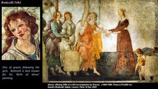 Botticelli 1484
One of graces following the
girls. Botticelli is best known
for his ‘Birth of Venus’
painting.
 
