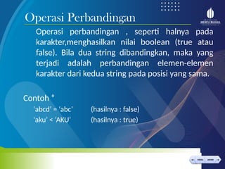< >
MENU AKHIRI
← →
MENU AKHIRI
Operasi perbandingan , seperti halnya pada
karakter,menghasilkan nilai boolean (true atau
false). Bila dua string dibandingkan, maka yang
terjadi adalah perbandingan elemen-elemen
karakter dari kedua string pada posisi yang sama.
Contoh “
‘abcd’ = ‘abc’ (hasilnya : false)
‘aku’ < ‘AKU’ (hasilnya : true)
Operasi Perbandingan
 