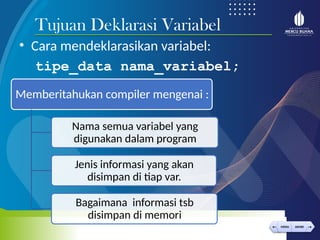< >
MENU AKHIRI
← →
MENU AKHIRI
• Cara mendeklarasikan variabel:
tipe_data nama_variabel;
Tujuan Deklarasi Variabel
Memberitahukan compiler mengenai :
Nama semua variabel yang
digunakan dalam program
Jenis informasi yang akan
disimpan di tiap var.
Bagaimana informasi tsb
disimpan di memori
 