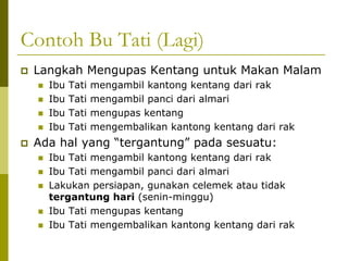 Contoh Bu Tati (Lagi)
Langkah Mengupas Kentang untuk Makan Malam
Ibu
Ibu
Ibu
Ibu

Tati
Tati
Tati
Tati

mengambil kantong kentang dari rak
mengambil panci dari almari
mengupas kentang
mengembalikan kantong kentang dari rak

Ada hal yang “tergantung” pada sesuatu:
Ibu Tati mengambil kantong kentang dari rak
Ibu Tati mengambil panci dari almari
Lakukan persiapan, gunakan celemek atau tidak
tergantung hari (senin-minggu)
Ibu Tati mengupas kentang
Ibu Tati mengembalikan kantong kentang dari rak

 