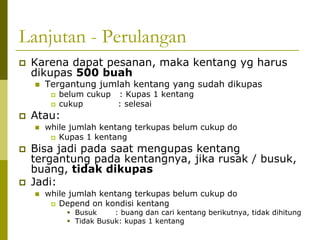 Lanjutan - Perulangan
Karena dapat pesanan, maka kentang yg harus
dikupas 500 buah
Tergantung jumlah kentang yang sudah dikupas
belum cukup : Kupas 1 kentang
cukup
: selesai

Atau:

while jumlah kentang terkupas belum cukup do
Kupas 1 kentang

Bisa jadi pada saat mengupas kentang
tergantung pada kentangnya, jika rusak / busuk,
buang, tidak dikupas
Jadi:
while jumlah kentang terkupas belum cukup do
Depend on kondisi kentang

Busuk
: buang dan cari kentang berikutnya, tidak dihitung
Tidak Busuk: kupas 1 kentang

 