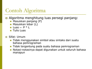 Contoh Algoritma
Algoritma menghitung luas persegi panjang:
Masukkan panjang (P)
Masukkan lebar (L)
Luas ← P * L
Tulis Luas

Sifat: Umum
Tidak menggunakan simbol atau sintaks dari suatu
bahasa pemrograman
Tidak tergantung pada suatu bahasa pemrograman
Notasi-notasinya dapat digunakan untuk seluruh bahasa
manapun

 