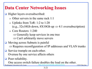 Data Center Networking Issues






Higher layers oversubscribed:
 Other servers in the same rack 1:1
 Uplinks from ToR: 1:2 to 1:20
(e.g., 32x10Gb down, 8X10Gb up  4:1 oversubscription)
 Core Routers: 1:240
 Generally keep services in one tree
 Can't arbitrarily move servers
Moving across Subnets is painful
 Requires reconfiguration of IP addresses and VLAN trunks
Service trample on each-other.
Overuse by one service affects others
Poor reliability.
One access switch failure doubles the load on the other.

Washington University in St. Louis

http://www.cse.wustl.edu/~jain/cse570-13/

3-21

©2013 Raj Jain

 