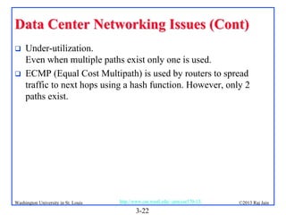 Data Center Networking Issues (Cont)



Under-utilization.
Even when multiple paths exist only one is used.
ECMP (Equal Cost Multipath) is used by routers to spread
traffic to next hops using a hash function. However, only 2
paths exist.

Washington University in St. Louis

http://www.cse.wustl.edu/~jain/cse570-13/

3-22

©2013 Raj Jain

 