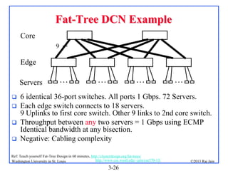Fat-Tree DCN Example
Core
9

Edge
Servers





…

…

…

…

6 identical 36-port switches. All ports 1 Gbps. 72 Servers.
Each edge switch connects to 18 servers.
9 Uplinks to first core switch. Other 9 links to 2nd core switch.
Throughput between any two servers = 1 Gbps using ECMP
Identical bandwidth at any bisection.
Negative: Cabling complexity

Ref: Teach yourself Fat-Tree Design in 60 minutes, http://clusterdesign.org/fat-trees/
http://www.cse.wustl.edu/~jain/cse570-13/
Washington University in St. Louis

3-26

©2013 Raj Jain

 