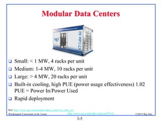 Modular Data Centers







Small: < 1 MW, 4 racks per unit
Medium: 1-4 MW, 10 racks per unit
Large: > 4 MW, 20 racks per unit
Built-in cooling, high PUE (power usage effectiveness) 1.02
PUE = Power In/Power Used
Rapid deployment

Ref: http://www.sgi.com/products/data_center/ice_cube_air/
http://www.cse.wustl.edu/~jain/cse570-13/
Washington University in St. Louis

3-5

©2013 Raj Jain

 