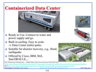 Containerized Data Center






Ready to Use. Connect to water and
power supply and go.
Built in cooling. Easy to scale.
 Data Center trailer parks.
Suitable for disaster recovery, e.g., flood,
earthquake
Offered by Cisco, IBM, SGI,
Sun/ORACLE,…

Ref: Datacenter Infrastructure – mobile Data Center from Emerson Network Power
, http://en.m-info.ua/180-container-data-center/755-datacenter-infrastructure-mobile-data-center-from-emerson-network-power
Ref: http://www.datacenterknowledge.com/archives/2010/05/31/iij-will-offer-commercial-container-facility/
http://www.cse.wustl.edu/~jain/cse570-13/
Washington University in St. Louis
©2013 Raj Jain

3-6

 