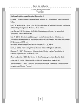 Guía de estudio
Educación Media Superior. Docente
Plan de Clase
2017-2018
6
Bibliografía básica para el estudio. Dimensión 2
Cázares, L. (2008). Planeación y Evaluación Basados en Competencias. México: Editorial
Trillas.
Chan, M. & Tiburcio, A. (2000). Guía para la Elaboración de Material Educativos Orientados
al Aprendizaje Autogestivo. México: U. de G. Innova.
Díaz-Barriga, F. & Hernández, G. (2002). Estrategias docentes para un aprendizaje
significativo. México: McGraw-Hill.
Feo, R. (2010). Orientaciones básicas para el diseño de estrategias didácticas, en
Tendencias pedagógicas Núm. 16. Instituto pedagógico de Miranda. [En línea] Recuperado
[10 de marzo de 2016] de:
http://www.tendenciaspedagogicas.com/Articulos/2010_16_13.pdf
Frade, L. (2008). Planeación por competencias. México: Inteligencia Educativa.
Marzano, R. (1997). Dimensiones del aprendizaje. México: Instituto Tecnológico de
Estudios Superiores de Occidente (ITESO).
Monereo, C., et al. (1998). Estrategias de Enseñanza y Aprendizaje. España: Graó.
Perrenoud, P. (2004). Diez nuevas competencias para enseñar. México: SEP.
Tobón, Pimienta & García F. (2010). Secuencias didácticas: Aprendizaje y evaluación de
competencias. México: Pearson.

 
 