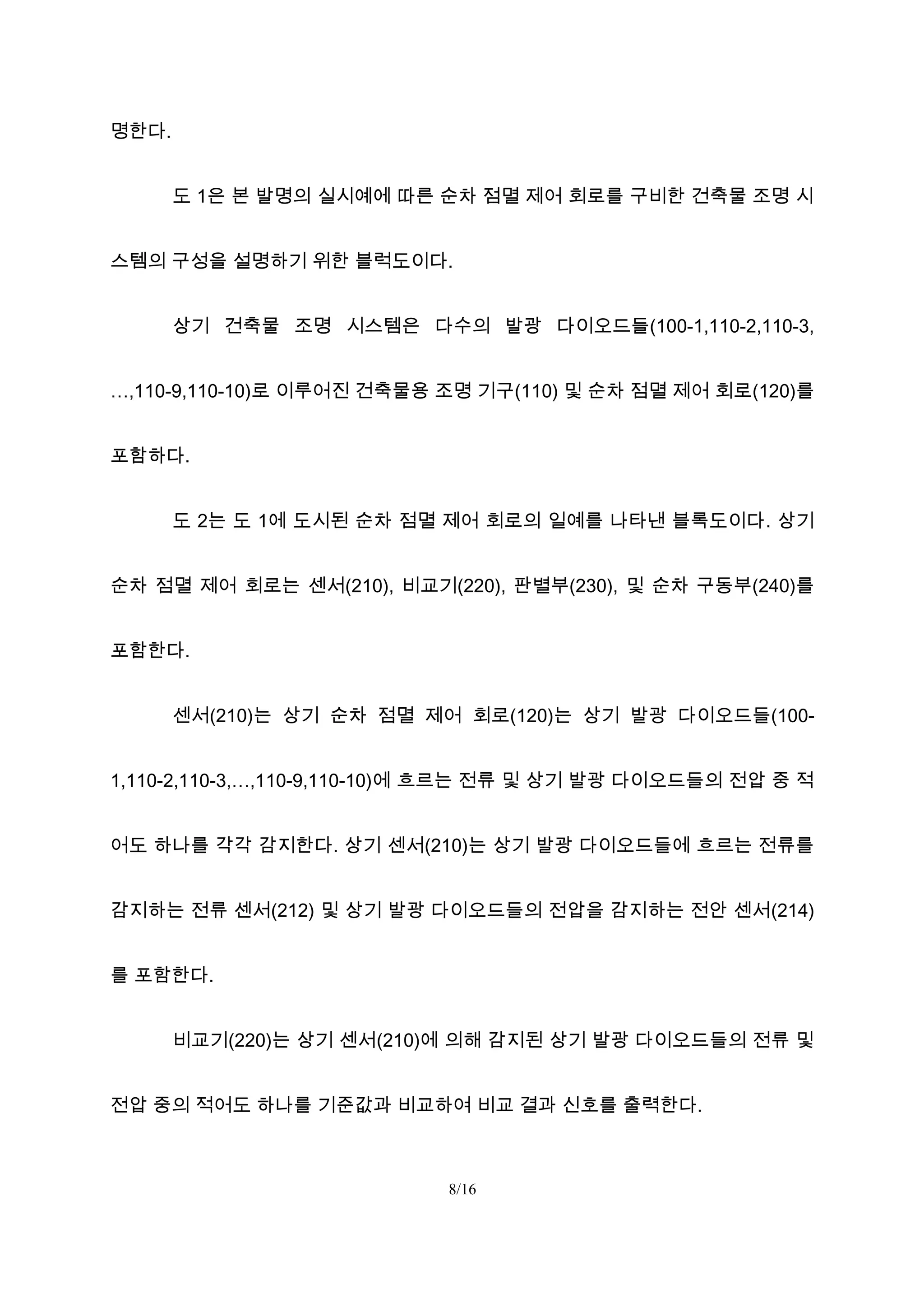 명한다.
도 1은 본 발명의 실시예에 따른 순차 점멸 제어 회로를 구비한 건축물 조명 시
스템의 구성을 설명하기 위한 블럭도이다.
상기 건축물 조명 시스템은 다수의 발광 다이오드들(100-1,110-2,110-3,
…,110-9,110-10)로 이루어진 건축물용 조명 기구(110) 및 순차 점멸 제어 회로(120)를
포함하다.
도 2는 도 1에 도시된 순차 점멸 제어 회로의 일예를 나타낸 블록도이다. 상기
순차 점멸 제어 회로는 센서(210), 비교기(220), 판별부(230), 및 순차 구동부(240)를
포함한다.
센서(210)는 상기 순차 점멸 제어 회로(120)는 상기 발광 다이오드들(100-
1,110-2,110-3,…,110-9,110-10)에 흐르는 전류 및 상기 발광 다이오드들의 전압 중 적
어도 하나를 각각 감지한다. 상기 센서(210)는 상기 발광 다이오드들에 흐르는 전류를
감지하는 전류 센서(212) 및 상기 발광 다이오드들의 전압을 감지하는 전안 센서(214)
를 포함한다.
비교기(220)는 상기 센서(210)에 의해 감지된 상기 발광 다이오드들의 전류 및
전압 중의 적어도 하나를 기준값과 비교하여 비교 결과 신호를 출력한다.
8/16
 