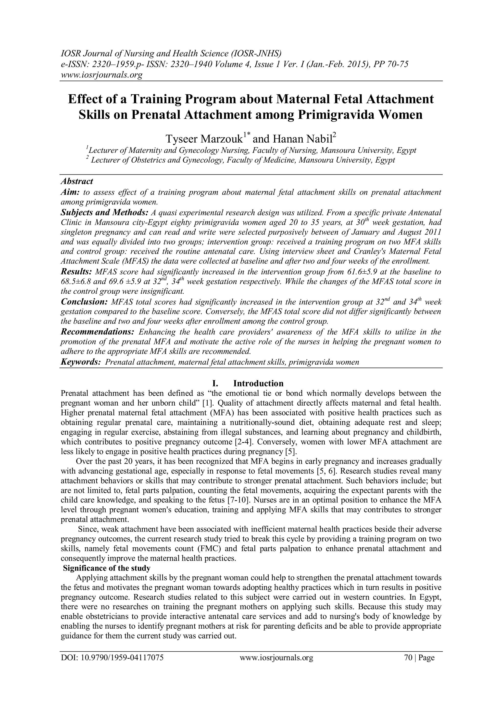 Effect of a Training Program about Maternal Fetal Attachment Skills on ...
