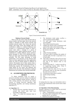 Gunjal M.S. Int. Journal of Engineering Research and Applications www.ijera.com
ISSN : 2248-9622, Vol. 4, Issue 12( Part 3), December 2014, pp.78-83
www.ijera.com 80 | P a g e
Figure.2.Unicast network model[15]
Multicast Network Model
There is only one source node and sink node in
unicast models, and base paper shows that network
coding is dominant in both unicast network and
multicast network model. Fig.3 shows the network
models with single source and multiple sinks are
worthwhile to address i.e. multicast Multicast (one
to-many) is a communication sample in which a
source node sends a message to a group of
destination nodes. Again, multicast network can be
established by sending different unicast (point-to-
point) messages to each of the destination nodes.
There are many cause which make the multicasting
advisable. The first major advantage of using
multicasting is the decreases of the network load.
There are many applications like ticker applications
which are used to transfer packets to different of
stations .The packets sent to these stations share a
group of links on their paths to their destinations. As
multicasting requires the broadcasting of only a
single packet by the source and replicates this
packets at the sink node. Only drawback is multicast
transmission can consume more network bandwidth.
IV. ALGORITHMS FOR PROTOCOL
DESIGN
To obtain simulation result we require a
protocol to facilitate network coding to be deployed
in a braided multipath routing network. Similar to
other routing protocols, the protocol also mainly
consists of routing discovery algorithm, data
disseminating algorithm, and routing maintenance
algorithm.[15]
4.1 Algorithm [15]
1: Routing discovery algorithm Demand: It is
assume that source node must have
knowledge of link quality.
1: //Step 1. To obtain the minimum hops to
sink node
2: The destination (sink) nodes overflow a
route recognition packet (RRP).
3: For each node except destination node
receiving RRP
4: Then transfer ahead the packet.
5: Updates the shortest route to destination and
report all the nodes in the shortest route.
6: Report and updates the number of hops of
the shortest route (H).
7: End
8: //Step2. Routing founding
9: The source node S calculates the number of
essential paths (N) that is equivalent to no.
of total nodes.
10: Then node S sends the value of N to its next
node in downward direction P which is the
first hop in the shortest route to the
destination.
11: Node P finds other N - 1 nodes to provide as
its (supporting) backup nodes. These N
nodes form a (bunch) cluster.
12: Node P sends the value of N to its next
downstream node Q, and node Q performs
the same role as in step 11.
13: If destination (sink) node is reached
14: Finish routing founding.
15: Else
16: Continue routing founding.
17: End
In routing discovery stage, any intermediate node is
used for data transmission must record source nodes
in its cache.
4.2 Algorithm 2: Data Disseminating
Demand: Operations on Galois field are previously
implemented in sensor nodes.
1: //Step 1. Programming at source node
2: The source node S programmes the original K
packets into K’ new packets.
3: Send the new packets to next hop.
 