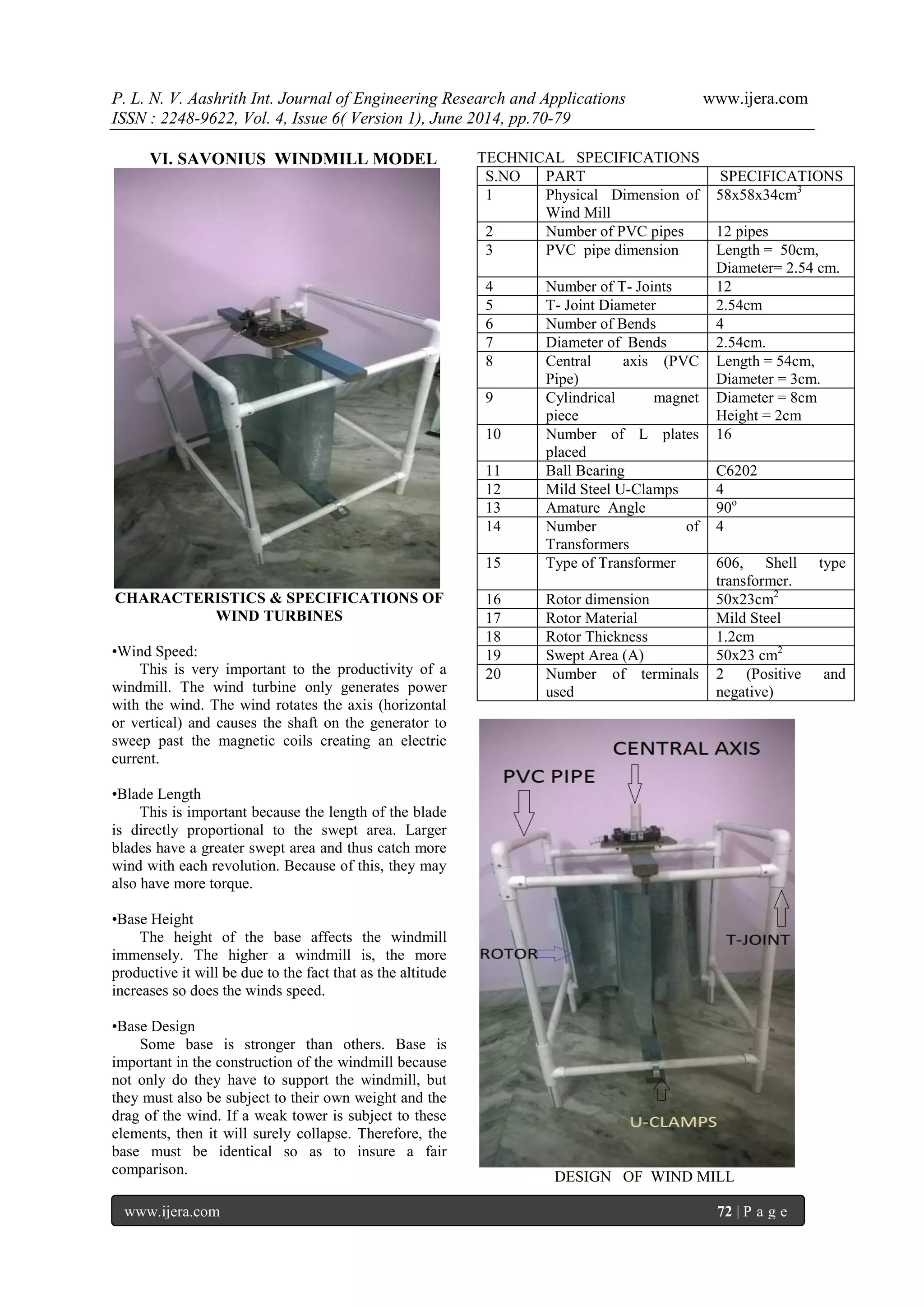 P. L. N. V. Aashrith Int. Journal of Engineering Research and Applications www.ijera.com 
ISSN : 2248-9622, Vol. 4, Issue 6( Version 1), June 2014, pp.70-79 
www.ijera.com 72 | P a g e 
VI. SAVONIUS WINDMILL MODEL 
CHARACTERISTICS & SPECIFICATIONS OF WIND TURBINES •Wind Speed: This is very important to the productivity of a windmill. The wind turbine only generates power with the wind. The wind rotates the axis (horizontal or vertical) and causes the shaft on the generator to sweep past the magnetic coils creating an electric current. •Blade Length This is important because the length of the blade is directly proportional to the swept area. Larger blades have a greater swept area and thus catch more wind with each revolution. Because of this, they may also have more torque. •Base Height The height of the base affects the windmill immensely. The higher a windmill is, the more productive it will be due to the fact that as the altitude increases so does the winds speed. •Base Design Some base is stronger than others. Base is important in the construction of the windmill because not only do they have to support the windmill, but they must also be subject to their own weight and the drag of the wind. If a weak tower is subject to these elements, then it will surely collapse. Therefore, the base must be identical so as to insure a fair comparison. 
TECHNICAL SPECIFICATIONS 
S.NO 
PART 
SPECIFICATIONS 
1 
Physical Dimension of Wind Mill 
58x58x34cm3 
2 
Number of PVC pipes 
12 pipes 
3 
PVC pipe dimension 
Length = 50cm, Diameter= 2.54 cm. 
4 
Number of T- Joints 
12 
5 
T- Joint Diameter 
2.54cm 
6 
Number of Bends 
4 
7 
Diameter of Bends 
2.54cm. 
8 
Central axis (PVC Pipe) 
Length = 54cm, Diameter = 3cm. 
9 
Cylindrical magnet piece 
Diameter = 8cm Height = 2cm 
10 
Number of L plates placed 
16 
11 
Ball Bearing 
C6202 
12 
Mild Steel U-Clamps 
4 
13 
Amature Angle 
90o 
14 
Number of Transformers 
4 
15 
Type of Transformer 
606, Shell type transformer. 
16 
Rotor dimension 
50x23cm2 
17 
Rotor Material 
Mild Steel 
18 
Rotor Thickness 
1.2cm 
19 
Swept Area (A) 
50x23 cm2 
20 
Number of terminals used 
2 (Positive and negative) 
DESIGN OF WIND MILL  