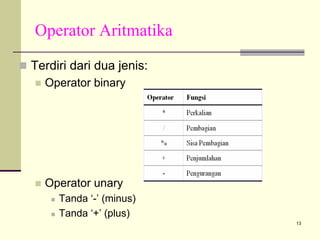 Operator Aritmatika
Terdiri dari dua jenis:
Operator binary

Operator unary
Tanda ‘-’ (minus)
Tanda ‘+’ (plus)
13

 
