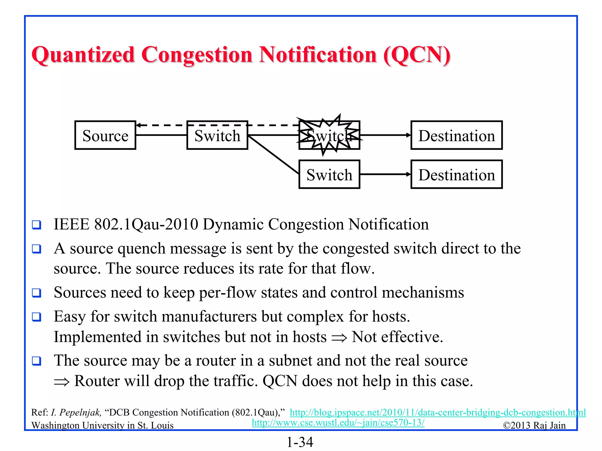 1-34
©2013 Raj Jain
http://www.cse.wustl.edu/~jain/cse570-13/
Washington University in St. Louis
Quantized Congestion Notification (QCN)
Quantized Congestion Notification (QCN)
 IEEE 802.1Qau-2010 Dynamic Congestion Notification
 A source quench message is sent by the congested switch direct to the
source. The source reduces its rate for that flow.
 Sources need to keep per-flow states and control mechanisms
 Easy for switch manufacturers but complex for hosts.
Implemented in switches but not in hosts  Not effective.
 The source may be a router in a subnet and not the real source
 Router will drop the traffic. QCN does not help in this case.
Destination
Switch
Source Destination
Switch Switch
Ref: I. Pepelnjak, “DCB Congestion Notification (802.1Qau),” http://blog.ipspace.net/2010/11/data-center-bridging-dcb-congestion.html
 