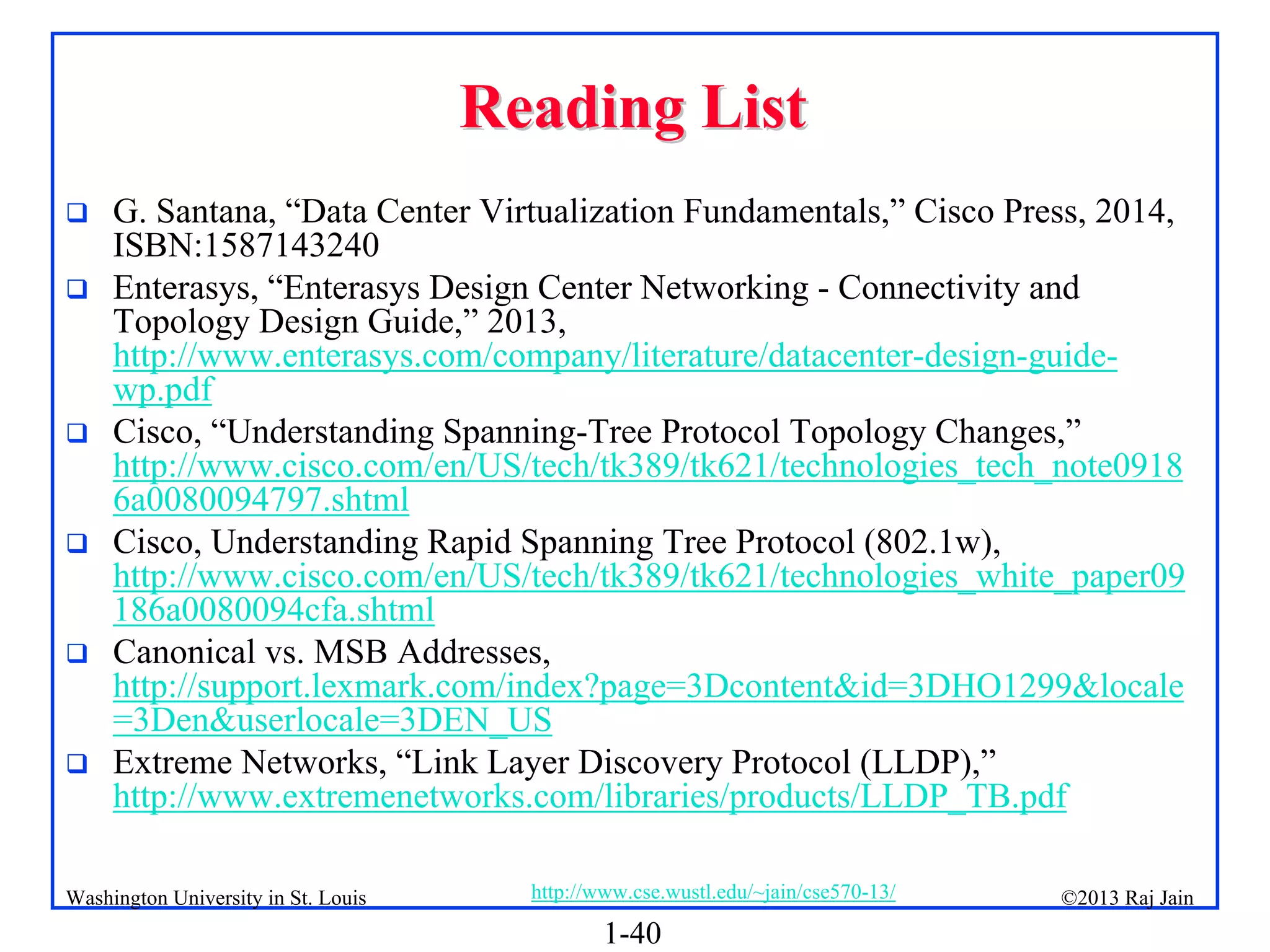 1-40
©2013 Raj Jain
http://www.cse.wustl.edu/~jain/cse570-13/
Washington University in St. Louis
Reading List
Reading List
 G. Santana, “Data Center Virtualization Fundamentals,” Cisco Press, 2014,
ISBN:1587143240
 Enterasys, “Enterasys Design Center Networking - Connectivity and
Topology Design Guide,” 2013,
http://www.enterasys.com/company/literature/datacenter-design-guide-
wp.pdf
 Cisco, “Understanding Spanning-Tree Protocol Topology Changes,”
http://www.cisco.com/en/US/tech/tk389/tk621/technologies_tech_note0918
6a0080094797.shtml
 Cisco, Understanding Rapid Spanning Tree Protocol (802.1w),
http://www.cisco.com/en/US/tech/tk389/tk621/technologies_white_paper09
186a0080094cfa.shtml
 Canonical vs. MSB Addresses,
http://support.lexmark.com/index?page=3Dcontent&id=3DHO1299&locale
=3Den&userlocale=3DEN_US
 Extreme Networks, “Link Layer Discovery Protocol (LLDP),”
http://www.extremenetworks.com/libraries/products/LLDP_TB.pdf
 