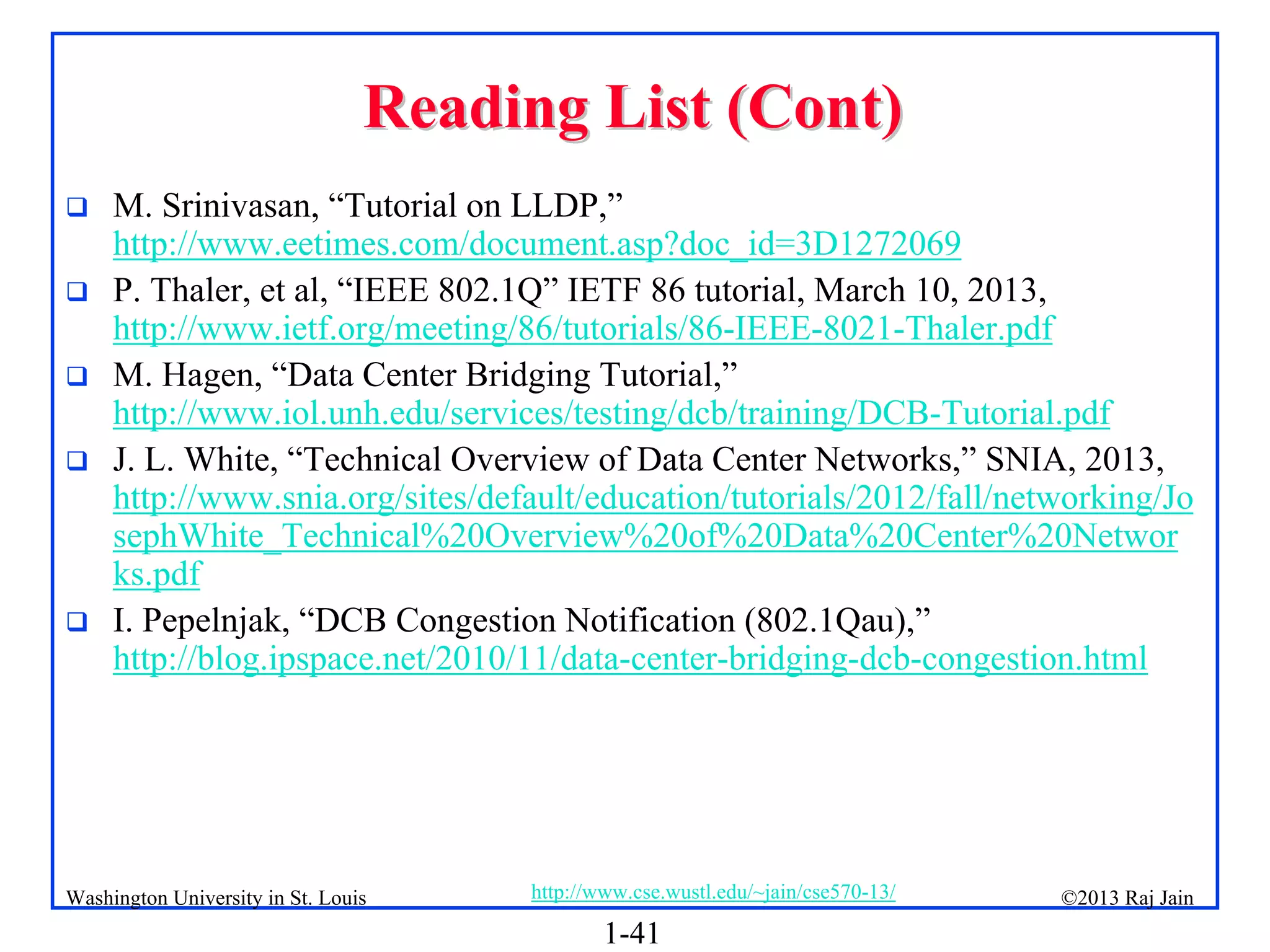 1-41
©2013 Raj Jain
http://www.cse.wustl.edu/~jain/cse570-13/
Washington University in St. Louis
Reading List (Cont)
Reading List (Cont)
 M. Srinivasan, “Tutorial on LLDP,”
http://www.eetimes.com/document.asp?doc_id=3D1272069
 P. Thaler, et al, “IEEE 802.1Q” IETF 86 tutorial, March 10, 2013,
http://www.ietf.org/meeting/86/tutorials/86-IEEE-8021-Thaler.pdf
 M. Hagen, “Data Center Bridging Tutorial,”
http://www.iol.unh.edu/services/testing/dcb/training/DCB-Tutorial.pdf
 J. L. White, “Technical Overview of Data Center Networks,” SNIA, 2013,
http://www.snia.org/sites/default/education/tutorials/2012/fall/networking/Jo
sephWhite_Technical%20Overview%20of%20Data%20Center%20Networ
ks.pdf
 I. Pepelnjak, “DCB Congestion Notification (802.1Qau),”
http://blog.ipspace.net/2010/11/data-center-bridging-dcb-congestion.html
 