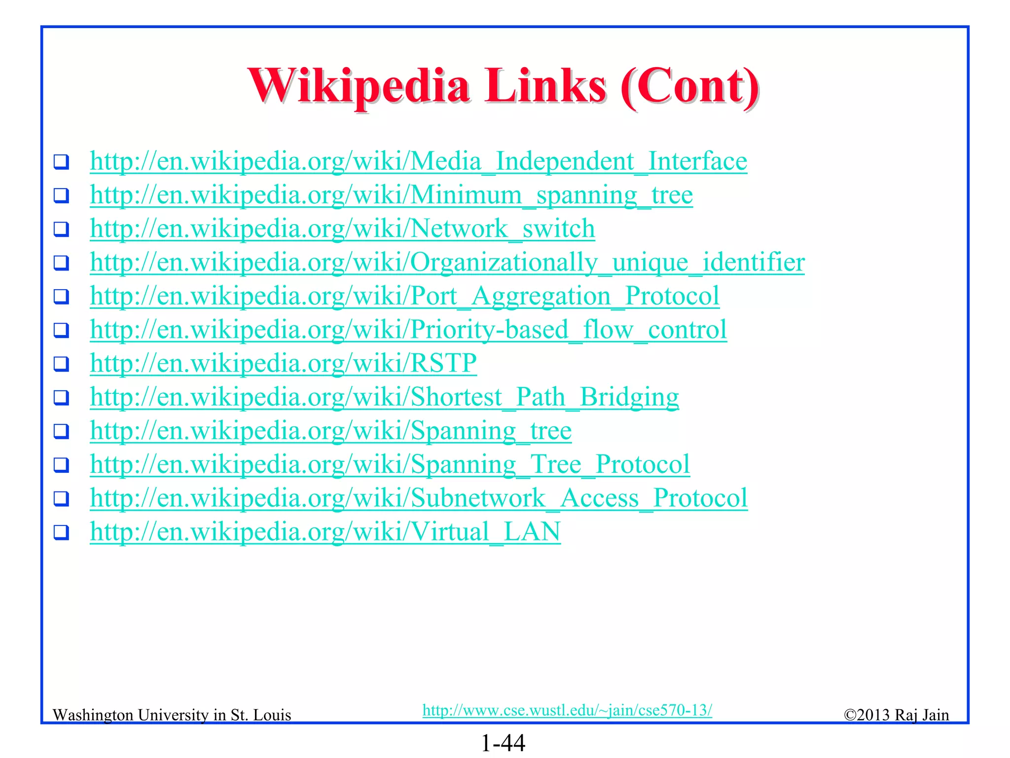 1-44
©2013 Raj Jain
http://www.cse.wustl.edu/~jain/cse570-13/
Washington University in St. Louis
Wikipedia Links (Cont)
Wikipedia Links (Cont)
 http://en.wikipedia.org/wiki/Media_Independent_Interface
 http://en.wikipedia.org/wiki/Minimum_spanning_tree
 http://en.wikipedia.org/wiki/Network_switch
 http://en.wikipedia.org/wiki/Organizationally_unique_identifier
 http://en.wikipedia.org/wiki/Port_Aggregation_Protocol
 http://en.wikipedia.org/wiki/Priority-based_flow_control
 http://en.wikipedia.org/wiki/RSTP
 http://en.wikipedia.org/wiki/Shortest_Path_Bridging
 http://en.wikipedia.org/wiki/Spanning_tree
 http://en.wikipedia.org/wiki/Spanning_Tree_Protocol
 http://en.wikipedia.org/wiki/Subnetwork_Access_Protocol
 http://en.wikipedia.org/wiki/Virtual_LAN
 