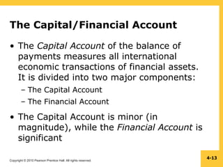 Copyright © 2010 Pearson Prentice Hall. All rights reserved.
4-13
The Capital/Financial Account
• The Capital Account of the balance of
payments measures all international
economic transactions of financial assets.
It is divided into two major components:
– The Capital Account
– The Financial Account
• The Capital Account is minor (in
magnitude), while the Financial Account is
significant
 
