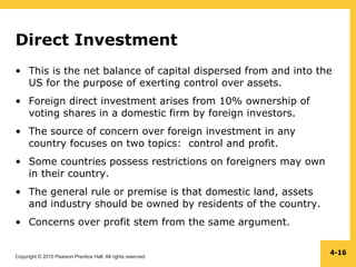 Copyright © 2010 Pearson Prentice Hall. All rights reserved.
4-16
Direct Investment
• This is the net balance of capital dispersed from and into the
US for the purpose of exerting control over assets.
• Foreign direct investment arises from 10% ownership of
voting shares in a domestic firm by foreign investors.
• The source of concern over foreign investment in any
country focuses on two topics: control and profit.
• Some countries possess restrictions on foreigners may own
in their country.
• The general rule or premise is that domestic land, assets
and industry should be owned by residents of the country.
• Concerns over profit stem from the same argument.
 