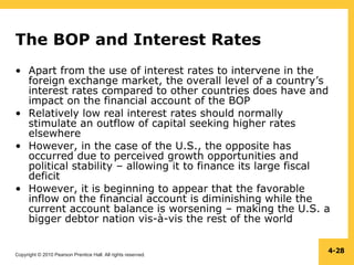 Copyright © 2010 Pearson Prentice Hall. All rights reserved.
4-28
The BOP and Interest Rates
• Apart from the use of interest rates to intervene in the
foreign exchange market, the overall level of a country’s
interest rates compared to other countries does have and
impact on the financial account of the BOP
• Relatively low real interest rates should normally
stimulate an outflow of capital seeking higher rates
elsewhere
• However, in the case of the U.S., the opposite has
occurred due to perceived growth opportunities and
political stability – allowing it to finance its large fiscal
deficit
• However, it is beginning to appear that the favorable
inflow on the financial account is diminishing while the
current account balance is worsening – making the U.S. a
bigger debtor nation vis-à-vis the rest of the world
 