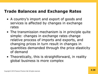 Copyright © 2010 Pearson Prentice Hall. All rights reserved.
4-29
Trade Balances and Exchange Rates
• A country’s import and export of goods and
services is affected by changes in exchange
rates
• The transmission mechanism is in principle quite
simple: changes in exchange rates change
relative process of imports and exports, and
changing prices in turn result in changes in
quantities demanded through the price elasticity
of demand
• Theoretically, this is straightforward, in reality
global business is more complex
 