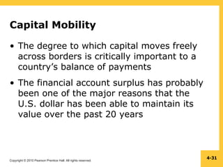 Copyright © 2010 Pearson Prentice Hall. All rights reserved.
4-31
Capital Mobility
• The degree to which capital moves freely
across borders is critically important to a
country’s balance of payments
• The financial account surplus has probably
been one of the major reasons that the
U.S. dollar has been able to maintain its
value over the past 20 years
 