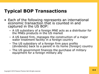 Copyright © 2010 Pearson Prentice Hall. All rights reserved.
4-4
Typical BOP Transactions
• Each of the following represents an international
economic transaction that is counted in and
captured in the US BOP:
– A US subsidiary of a foreign MNE acts as a distributor for
the MNEs products in the US market
– A US based firm, manages the construction of a major
water treatment facility in a foreign country
– The US subsidiary of a foreign firm pays profits
(dividends) back to a parent in its home (foreign) country
– The US government finances the purchase of military
equipment for a foreign military ally
 