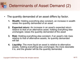 Determinants of Asset Demand (2) The quantity demanded of an asset differs by factor.  Wealth:  Holding everything else constant, an increase in wealth raises the quantity demanded of an asset Expected return:  An increase in an asset’s expected return relative to that of an alternative asset, holding everything else unchanged, raises the quantity demanded of the asset Risk:  Holding everything else constant, if an asset’s risk rises relative to that of alternative assets, its quantity demanded  will fall Liquidity:  The more liquid an asset is relative to alternative assets, holding everything else unchanged, the more desirable  it is, and the greater will be the quantity demanded 