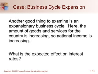 Case: Business Cycle Expansion Another good thing to examine is an expansionary business cycle.  Here, the amount of goods and services for the country is increasing, so national income is increasing. What is the expected effect on interest rates? 