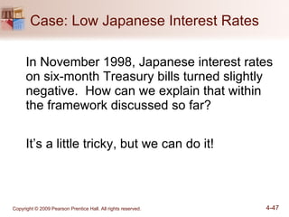 Case: Low Japanese Interest Rates In November 1998, Japanese interest rates on six-month Treasury bills turned slightly negative.  How can we explain that within the framework discussed so far? It’s a little tricky, but we can do it! 