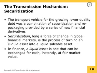 The Transmission Mechanism:  Securitization  The transport vehicle for the growing lower quality debt was a combination of securitization and re-packaging provided by a series of new financial derivatives Securitization , long a force of change in global financial markets, is the process of turning an illiquid asset into a liquid saleable asset. In finance, a  liquid  asset is one that can be exchanged for cash, instantly, at fair market value.  5- 0 
