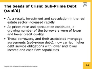 The Seeds of Crisis: Sub-Prime Debt (cont’d) As a result, investment and speculation in the real estate sector increased rapidly As prices rose and speculation continued, a growing number of the borrowers were of lower and lower credit quality These borrowers, and their associated mortgage agreements ( sub-prime  debt), now carried higher debt service obligations with lower and lower income and cash flow capabilities 5- 0 