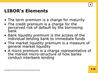 LIBOR’s Elements  The term premium is a charge for maturity The credit premium is a charge for the perceived risk of default by the borrowing bank Bank liquidity premium is the access of the individual lending bank to immediate funds The market liquidity premium is a measure of general market liquidity A micro premium is a charge representative of the market micro-structure of how banks conduct interbank lending 5- 0 