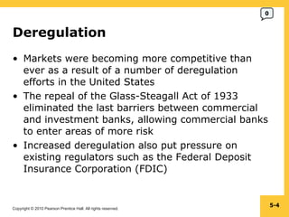 Deregulation Markets were becoming more competitive than ever as a result of a number of deregulation efforts in the United States The repeal of the Glass-Steagall Act of 1933 eliminated the last barriers between commercial and investment banks, allowing commercial banks to enter areas of more risk Increased deregulation also put pressure on existing regulators such as the Federal Deposit Insurance Corporation (FDIC) 5- 0 