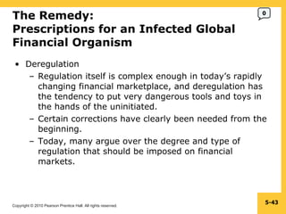The Remedy: Prescriptions for an Infected Global Financial Organism  Deregulation Regulation itself is complex enough in today’s rapidly changing financial marketplace, and deregulation has the tendency to put very dangerous tools and toys in the hands of the uninitiated. Certain corrections have clearly been needed from the beginning. Today, many argue over the degree and type of regulation that should be imposed on financial markets. 5- 0 