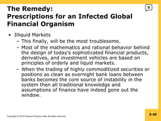 The Remedy: Prescriptions for an Infected Global Financial Organism  Illiquid Markets This finally, will be the most troublesome. Most of the mathematics and rational behavior behind the design of today’s sophisticated financial products, derivatives, and investment vehicles are based on principles of orderly and liquid markets. When the trading of highly commoditized securities or positions as clean as overnight bank loans between banks becomes the core source of instability in the system then all traditional knowledge and assumptions of finance have indeed gone out the window. 5- 0 