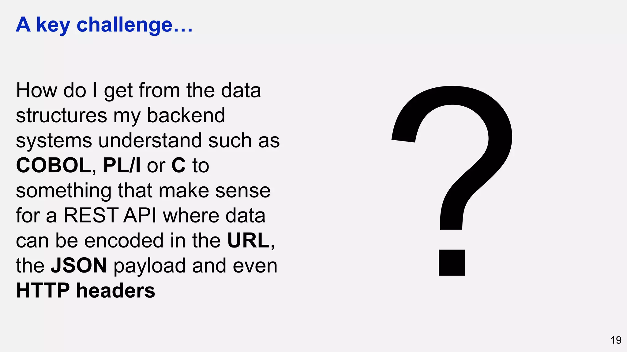 A key challenge…
19
How do I get from the data
structures my backend
systems understand such as
COBOL, PL/I or C to
something that make sense
for a REST API where data
can be encoded in the URL,
the JSON payload and even
HTTP headers
 