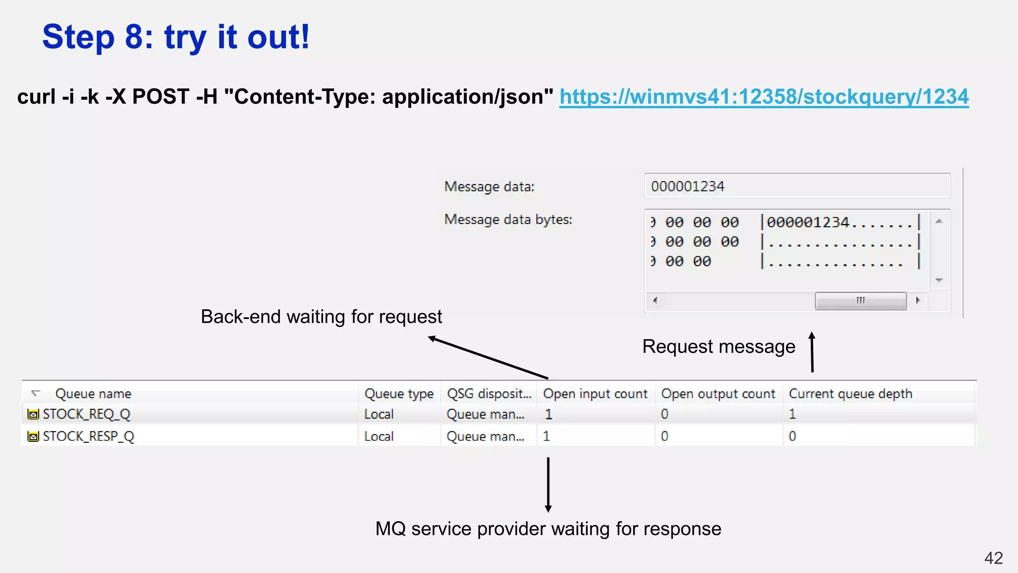 Step 8: try it out!
42
curl -i -k -X POST -H "Content-Type: application/json" https://winmvs41:12358/stockquery/1234
MQ service provider waiting for response
Request message
Back-end waiting for request
 