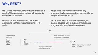 Why REST?
4
REST was coined in 2000 by Roy Fielding as a
result of his work on the various w3 standards
that make up the web
REST exposes resources as URLs and
operations on those resources using HTTP
verbs
REST APIs can be consumed from any
programming language and environment for as
long as it supports HTTP
REST APIs provide a simple, light-weight,
loosely-coupled way to expose synchronous
programmatic interfaces to resources
https://<host>:<port>/path/parameter?name=value&name=value
Operation to be
performed
Create
Read
Update
Delete
Query parameters are used
for refinement of the request
POST
GET
PUT
DELETE
The object that the action
is to be performed on
+
HTTP
body
URL
Representing the state of
the object
 