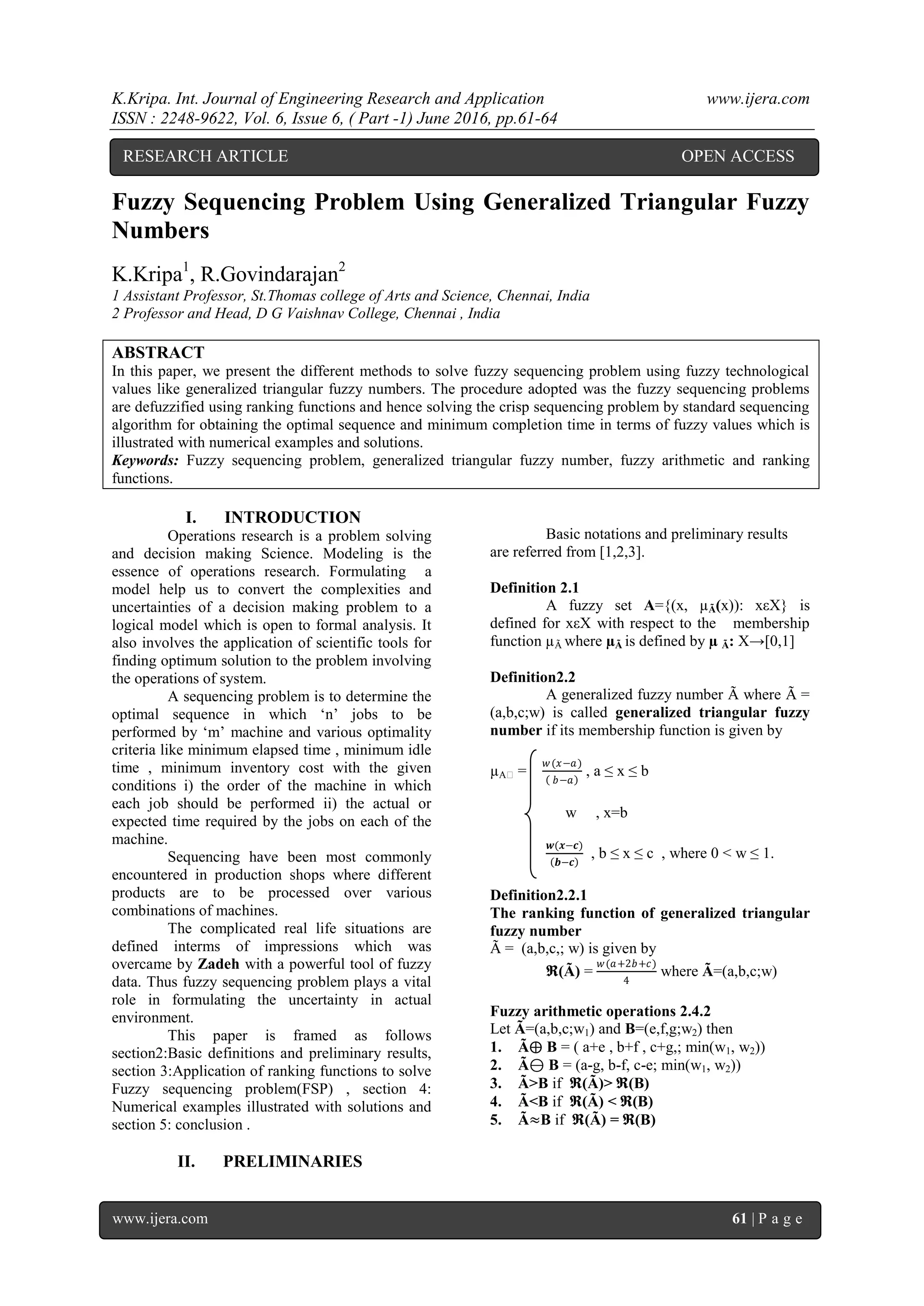 Fuzzy Sequencing Problem Using Generalized Triangular Fuzzy Numbers | PDF
