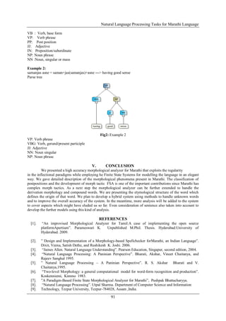 Natural Language Processing Tasks for Marathi Language
91
VB : Verb, base form
VP: Verb phrase
PP: Post position
JJ: Adjective
IN: Preposition/subordinate
NP: Noun phrase
NN :Noun, singular or mass
Example 2:
samanjas asne = saman+jas(samanjas)+asne ---> having good sense
Parse tree
Fig2: Example 2
VP: Verb phrase
VBG: Verb, gerund/present participle
JJ: Adjective
NN: Noun singular
NP: Noun phrase
V. CONCLUSION
We presented a high accuracy morphological analyzer for Marathi that exploits the regularity
in the inflectional paradigms while employing he Finite State Systems for modelling the language in an elegant
way. We gave detailed description of the morphological phenomena present in Marathi. The classification of
postpositions and the development of morph tactic FSA is one of the important contributions since Marathi has
complex morph tactics. As a next step the morphological analyzer can be further extended to handle the
derivation morphology and compound words. We are presenting the etymological structure of the word which
defines the origin of that word. We plan to develop a hybrid system using methods to handle unknown words
and to improve the overall accuracy of the system. In the meantime, more analysis will be added to the system
to cover aspects which might have eluded us so far. Even consideration of sentence also taken into account to
develop the further models using this kind of analysis.
REFERENCES
[1]. “An improvised Morphological Analyzer for Tamil:A case of implementing the open source
platformApertium”. Parameswari K. Unpublished M.Phil. Thesis. Hyderabad:University of
Hyderabad. 2009.
[2]. ” Design and Implementation of a Morphology-based Spellchecker forMarathi, an Indian Language”.
Dixit, Veena, Satish Dethe, and Rushikesh K. Joshi. 2006.
[3]. “James Allen. Natural Language Understanding”. Pearson Education, Singapur, second edition, 2004.
[4]. “Natural Language Processing: A Paninian Perspective”. Bharati, Akshar, Vineet Chaitanya, and
Rajeev Sanghal 1995.
[5]. ” Natural Language Processing – A Paninian Perspective”. R. S. Akshar Bharati and V.
Chaitanya,1995.
[6]. “Two-level Morphology: a general computational model for word-form recognition and production”.
Koskenniemi, Kimmo 1983.
[7]. ”A Paradigm-Based Finite State Morphological Analyzer for Marathi”, Pushpak Bhattacharyya.
[8]. “Natural Language Processing”. Utpal Sharma. Department of Computer Science and Information
[9]. Technology, Tezpur University, Tezpur-784028, Assam ,India.
 