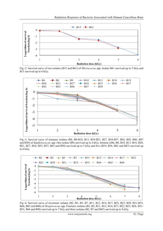 Radiation Response of Bacteria Associated with Human Cancellous Bone
www.iosrjournals.org 82 | Page
-4
-3
-2
-1
0
1 2 3 4 5 6
Logarithmofsurvival
fraction(logS)
Radiation dose (kGy)
B15 B41
Fig.-2: Survival curve of two isolates (B15 and B41) of Micrococcus spp. Isolate B41 survived up to 5 kGy and
B15 survived up to 6 kGy.
-5
-4
-3
-2
-1
0
1 2 3 4 5 6
Logarithmofsurvivalfraction(logS)
Radiation dose (kGy)
B4 B8 B9 B10 B13 B18 B19
B20 B21 B27 B34 B35 B36 B37
B42 B43 B46 B47 B50
Fig.-3: Survival curve of nineteen isolates (B4, B8-B10, B13, B18-B21, B27, B34-B37, B42, B43, B46, B47
and B50) of Staphylococcus spp. One isolate (B9) survived up to 4 kGy, thirteen ((B4, B8, B10, B13, B18, B20,
B21, B27, B34, B35, B37, B43 and B50) survived up to 5 kGy and five (B19, B36, B42 and B47) survived up
to 6 kGy.
-6
-5
-4
-3
-2
-1
0
1 2 3 4 5 6 7 8
Logarithmofsurvival
fraction(logS)
Radiation dose (kGy)
B2 B3 B5 B7 B11 B12 B14 B17 B22
B23 B28 B31 B32 B33 B44 B45 B48
Fig.-4: Survival curve of seventeen isolates (B2, B3, B5, B7, B11, B12, B14, B17, B22, B23, B28, B31-B33,
B44, B45 and B48) of Streptococcus spp. Fourteen isolates (B3, B5, B11, B12, B14, B17, B22, B23, B28, B31-
B33, B44 and B48) survived up to 7 kGy and three isolates (B2, B7 and B45) survived up to 8 kGy.
 