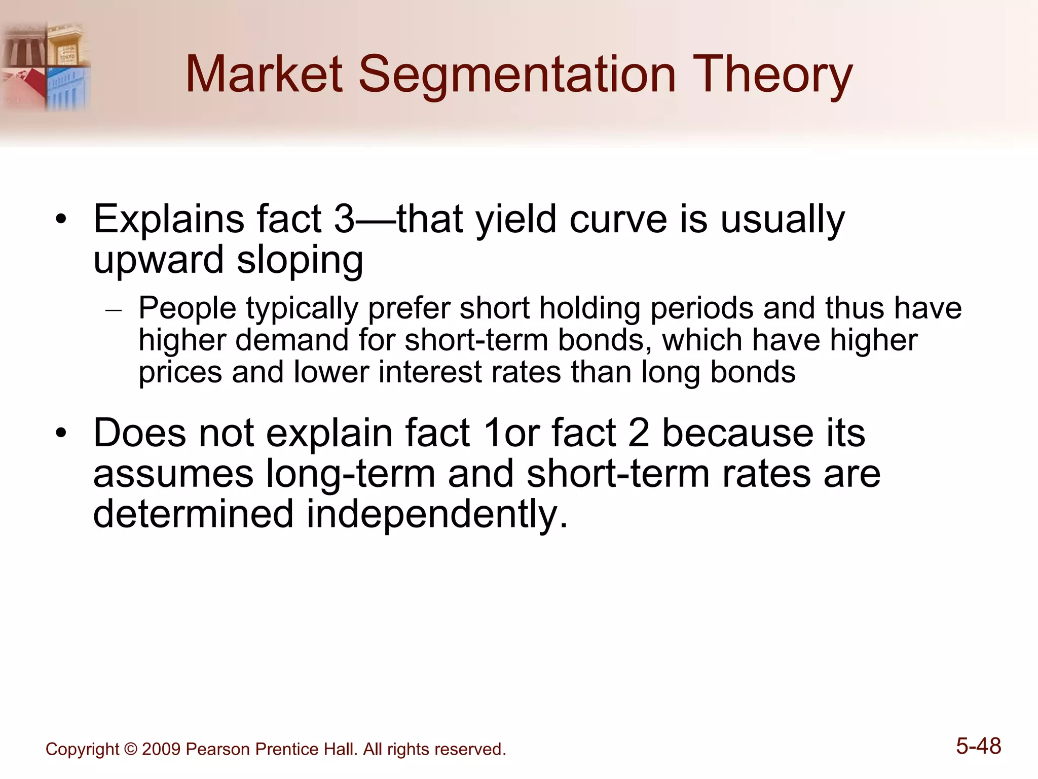 Market Segmentation Theory Explains fact 3—that yield curve is usually upward sloping People typically prefer short holding periods and thus have higher demand for short-term bonds, which have higher prices and lower interest rates than long bonds Does not explain fact 1or fact 2 because its assumes long-term and short-term rates are determined independently. 
