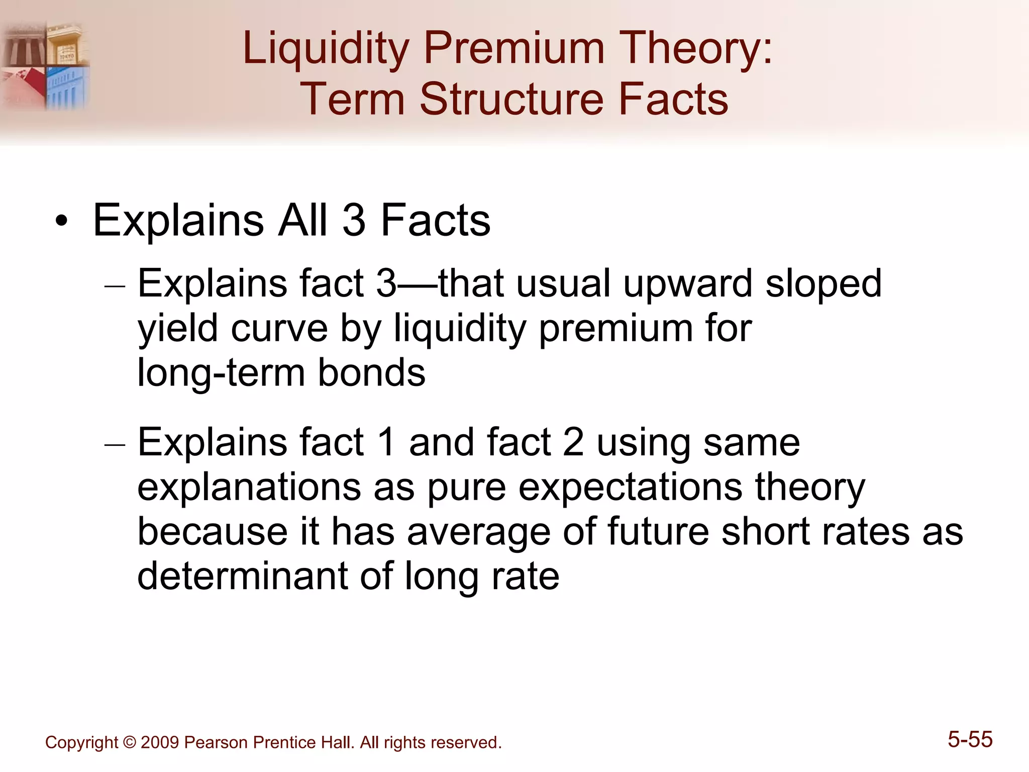 Liquidity Premium Theory:  Term Structure Facts Explains All 3 Facts Explains fact 3—that usual upward sloped yield curve by liquidity premium for  long-term bonds Explains fact 1 and fact 2 using same explanations as pure expectations theory because it has average of future short rates as determinant of long rate 