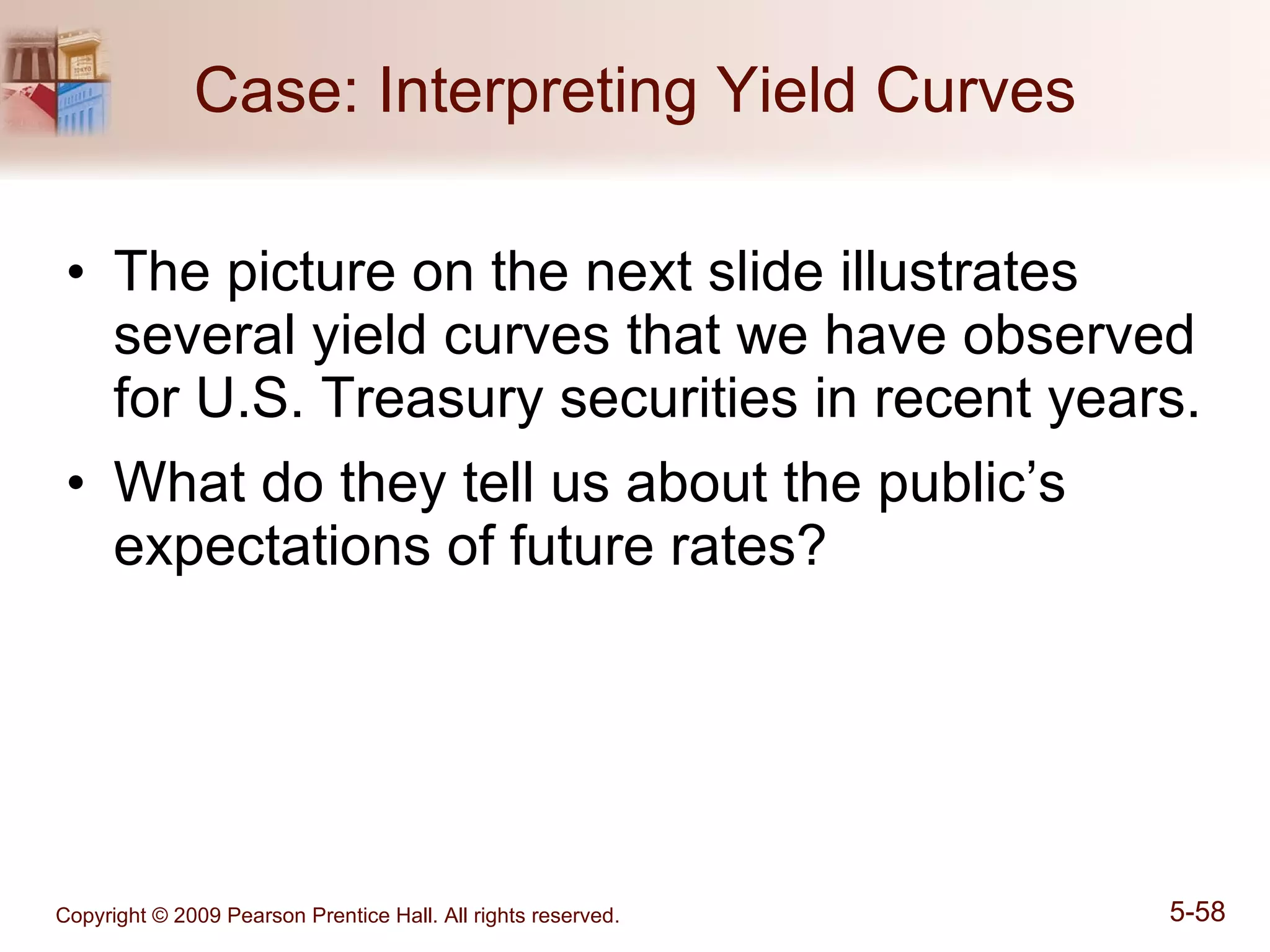 Case: Interpreting Yield Curves The picture on the next slide illustrates several yield curves that we have observed for U.S. Treasury securities in recent years. What do they tell us about the public’s expectations of future rates? 