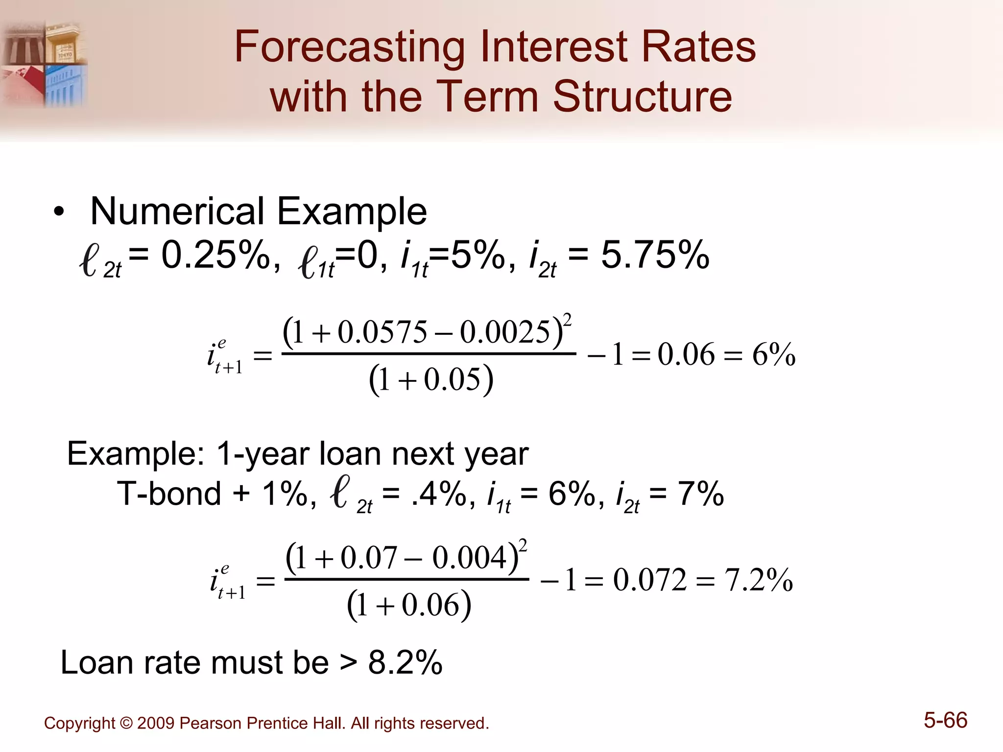 Forecasting Interest Rates  with the Term Structure Numerical Example 2t  = 0.25%,  1t =0,  i 1t =5%,  i 2t  = 5.75% Example: 1-year loan next year  T-bond + 1%,  2t  = .4%,  i 1t  = 6%,  i 2t  = 7% Loan rate must be > 8.2% 