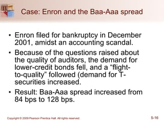 Case: Enron and the Baa-Aaa spread Enron filed for bankruptcy in December 2001, amidst an accounting scandal. Because of the questions raised about the quality of auditors, the demand for lower-credit bonds fell, and a “flight-  to-quality” followed (demand for T-securities increased. Result: Baa-Aaa spread increased from 84 bps to 128 bps. 