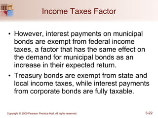 Income Taxes Factor However, interest payments on municipal bonds are exempt from federal income taxes, a factor that has the same effect on the demand for municipal bonds as an increase in their expected return. Treasury bonds are exempt from state and local income taxes, while interest payments from corporate bonds are fully taxable. 