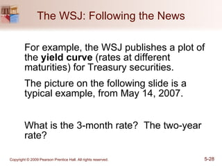 The WSJ: Following the News For example, the WSJ publishes a plot of the  yield curve  (rates at different maturities) for Treasury securities. The picture on the following slide is a typical example, from May 14, 2007. What is the 3-month rate?  The two-year rate? 